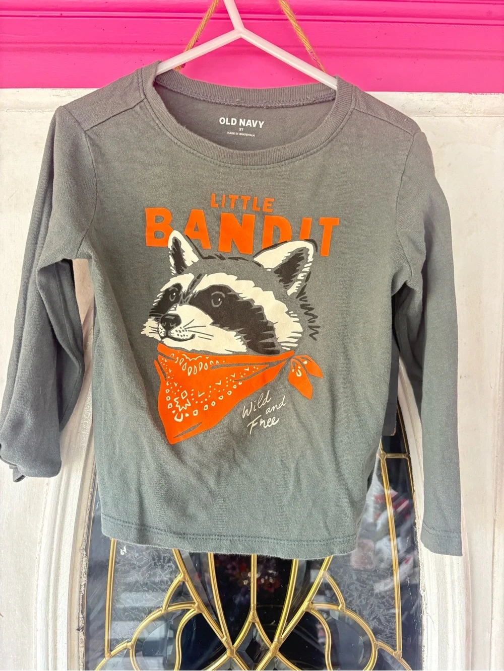 Old Navy Gray Long-Sleeve Tee with Orange Raccoon Graphic